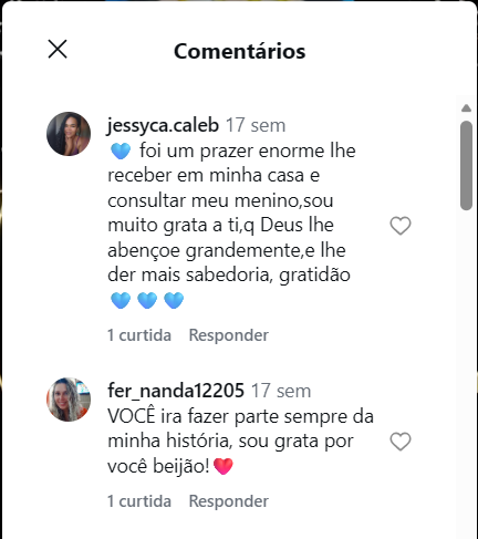 Print de comentários no Instagram agradecendo o acolhimento, o cuidado e a dedicação da Samara no atendimento.